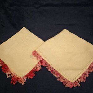 Handkerchief White Linen Set of 2 Tatted Scalloped Border Pink Red 1970s Vintage